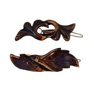 Vintage Wood Carved Barrettes Set of 2 Tropical Leaf 80’s